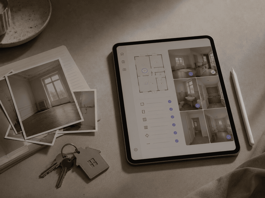 Tablette affichant un plan de logement, à côté de clés